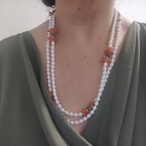 Vintage Miriam Haskell Milk Glass & Faux Corals Necklace & Earrings Jewelry Set